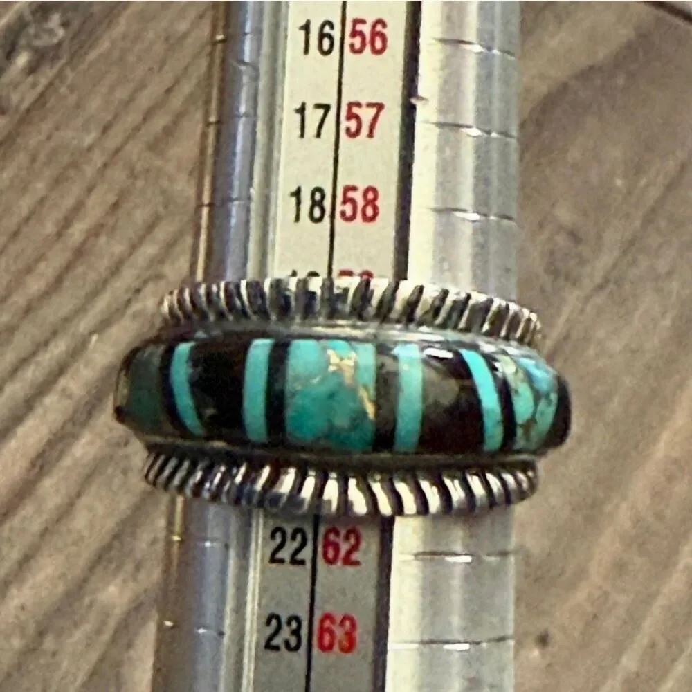 Southwestern Sterling Silver Turquoise & Black Onyx Inlay Band Ring New